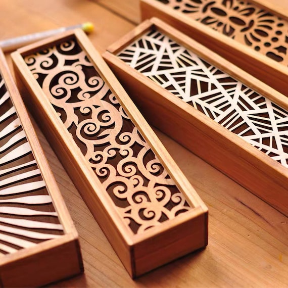 Wooden Pencil Box Delicate Engraved Slide Open Lid Storage Box 