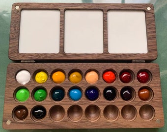 Walnut Watercolour Bi Fold Travel Paint Box | Paint Case | Wooden Palette | 24-well