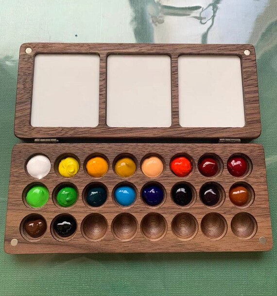 Walnut Watercolour Bi Fold Travel Paint Box | Paint Case | Wooden Palette |  24-well