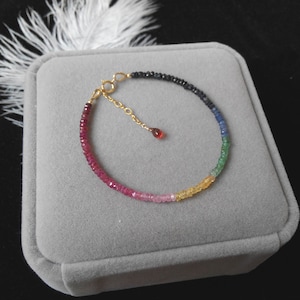 Rainbow Bracelet, 2.8mm-3mm Natural Precious Gemstone Beads Bracelet/Necklace, Natural Ruby+Sapphire+Emerald Beads Necklace, 14k Gold Filled