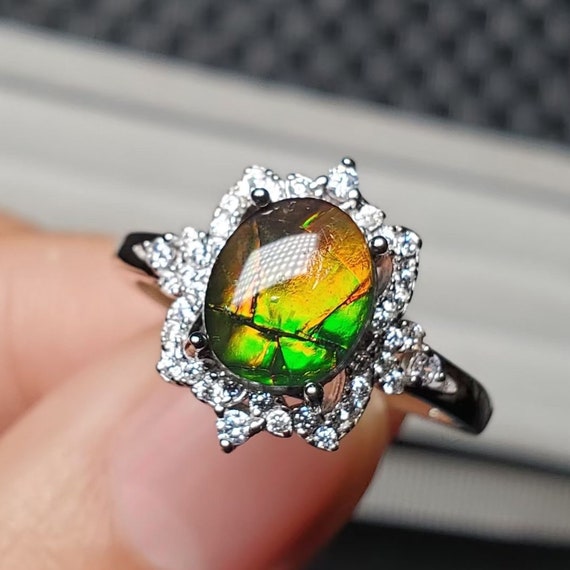 2.0ct Natural Canadian Ammolite Engagement Ring Ancient Rainbow Gemsto –  ShainJewelry