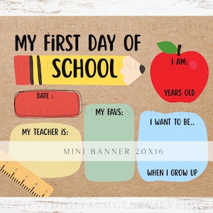 First Day of School Mini Banner DIY Painted Template, Back to School Colorful 20x16 Brown Kraft Paper Kids Banner to hold, Digital Download