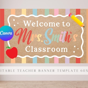 May include: A classroom banner with the text "Welcome to Mrs. Smith's Classroom" in colourful lettering. The banner features a red apple, a yellow pencil, and a Canva logo. The background is a light brown with vertical stripes.