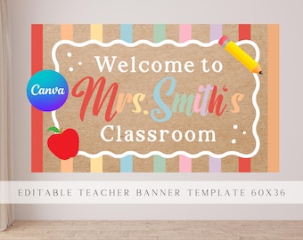 Bearbeitbares benutzerdefiniertes Lehrername Willkommen im Klassenzimmer Gemaltes Banner, Vorlage für den ersten Schultag, anpassbare Canva Back to School Klassenzimmer