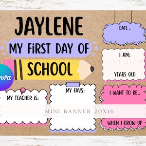 Editable Canva Mini First Day of School Banner DIY Template, Digital Back to School 20x16 Brown Kraft Paper Kids Painted Banner to hold
