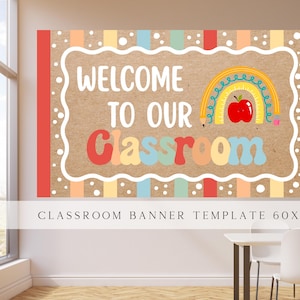 Welcome to our Classroom Painted Banner Template, Welcome Back to School Colorful Classroom Decor Brown Kraft Paper Banner Digital Download