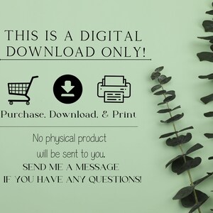 Puede incluir: Un gr&aacute;fico de descarga digital con un carrito de compras, una flecha de descarga y un icono de impresora. El texto dice "&iexcl;Esto es una descarga digital solamente! Compra. Descarga. & Imprime. No se enviar&aacute; ning&uacute;n producto f&iacute;sico. &iexcl;Env&iacute;ame un mensaje si tienes alguna pregunta!"
