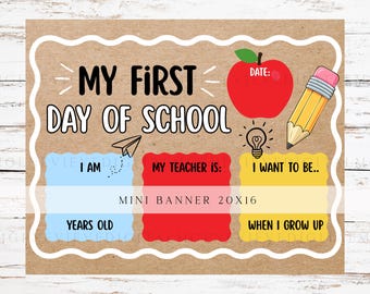 Mini pancarta DIY pintada para el primer día de clases, pancarta infantil de papel kraft marrón de 20 x 16 pulgadas, colorida para la vuelta al cole, descarga digital