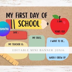 Editable Canva Mini Banner DIY Painted First Day of School Template, Back to School 20x16 Brown Kraft Paper Kids Banner Digital Download