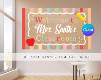Editable Custom Teacher Name Welcome Classroom Painted Banner, First Day of School Template, Customizable Canva Back to School Classroom