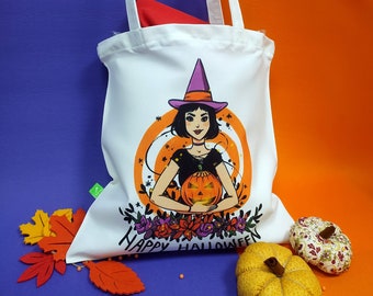 Halloween totebag handmade with eco canvas material, hand embroidered /HAPPY HALLOWEEN/ Halloween decoration/ Halloween tote bag