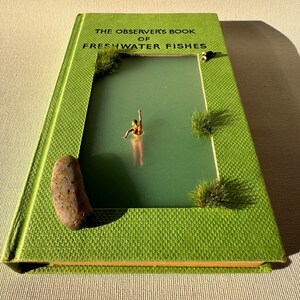 Könnte beinhalten: Ein grünes Buch mit dem Titel "The Observer's Book of Freshwater Fishes" mit einer Miniatur-Szene einer Person, die in einem Wasserbecken schwimmt, das sich auf dem Buchcover befindet.