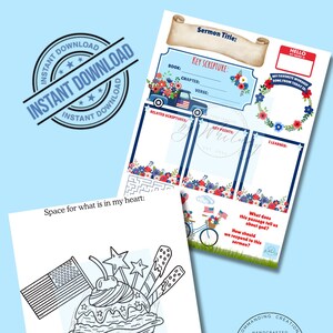 May include: Printable pages with patriotic designs. One shows a black and white sundae with an American flag. Another features a blue truck with flowers and the text "Key Scripture". The image includes the text "Instant Download".