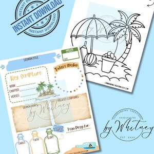 May include: Two printable digital pages on a light blue background. One is a sermon notes template with space for scripture and sermon points. The other is a beach scene colouring page. Both pages have the text "Instant Download".
