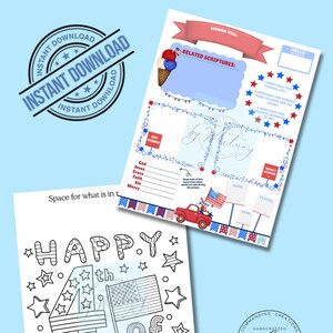 May include: Two printable pages with a patriotic theme. One page features a coloring page with "Happy 4th of July" text and stars. The other page has space for notes, a red truck graphic, and the text "Sermon Title" and "Related Scriptures".