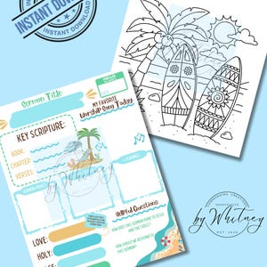 May include: Two printable pages with a beach theme. One page is a colouring sheet with surfboards, palm trees, and a sun. The other is a sermon worksheet with fill-in sections for scripture, notes, and questions. Includes the text "Instant Download".