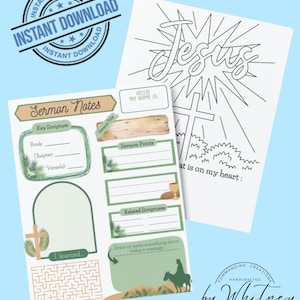 May include: Printable sermon notes page with a green and brown color scheme. The page includes sections for key scripture, sermon points, related scriptures, and a place to draw or write a message. The page also includes a maze and a cross.