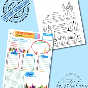 May include: Printable sermon notes page with a maze, space for prayer, and sections for related scriptures, what you learned, and sermon points. The page also includes a space for the key scripture, book, chapter, and verse. There is a space for the name and a space for your favourite worship song. The page is decorated with colourful pencils and a bookshelf with books and plants.
