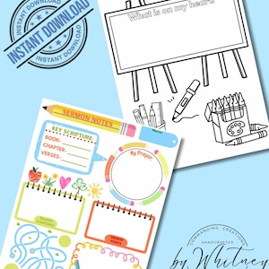 May include: Printable worksheet for sermon notes with sections for key scripture, related scriptures, sermon points, and a space for prayer. The worksheet also includes a colorful maze and a chalkboard with the text "What is on my heart:"
