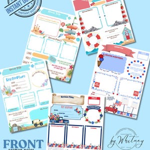 May include: A selection of printable sermon notes with diverse designs. The pages have areas for sermon titles, key scriptures, and notes. Designs include beach scenes, lighthouses, and patriotic themes. The text "Instant Download" is visible.