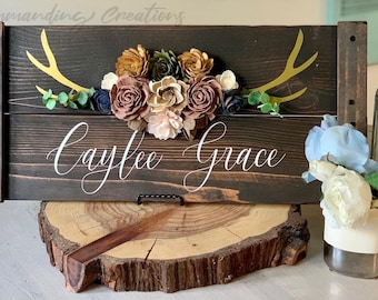 Antler Name Sign with wood Flowers, girls name sign, baby nursery, baby shower gift