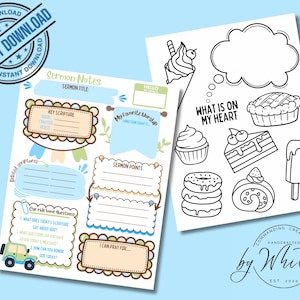 May include: Printable sermon notes page with a blue and green color scheme. The page includes sections for key scripture, sermon points, and car ride home questions. The page also includes a section for "My Favorite Worship" with a line for writing down a favorite verse. The page has a cute cartoon jeep on the bottom left corner.