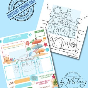 May include: Two printable pages with a beach theme. One is a colouring page of a sandcastle with the text "MY PRAYER". The other is a sermon notes page with the text "Sermon Title" and "Sermon Points by Whitney".