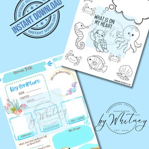 May include: Two printable pages with a light blue background. One page features a "Sermon Title" section and "Key Scripture" prompts. The other page has a "What is on my heart" theme with sea creature illustrations. Both pages have the text "Instant Download".