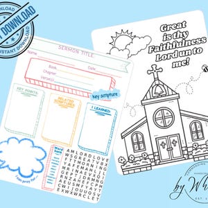 May include: A printable coloring page featuring a church with a bell tower and the text "Great is thy Faithfulness Lord unto me!"  The page also includes a word search puzzle with the words "AMLORDLOVE", "WSGREATVBX", "FTTMORNING", "YAFEMAHLIL", "MRINAEVXOI", "GEPTIDRMNG", "RNZAHEFCPH", "AEUSMFYAYT", "CWIJOUUQSV", "EXWXWRCLET".