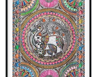 May include: A colorful, intricate mandala-style painting featuring three elephants in a circle. The elephants are white with black outlines and colorful details. The background is a vibrant mix of pink, green, blue, and yellow.