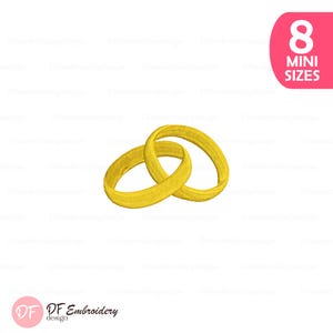 May include: Two interlocking gold rings, likely for a wedding or anniversary, are shown against a white backdrop. The rings have an embroidered, textured appearance. A pink oval in the top right corner reads "8 MINI SIZES".