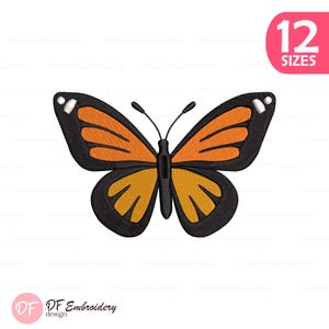 May include: An embroidered butterfly design with orange wings and black outlines. The design includes the text "12 SIZES" in a pink circle. The logo "DF Embroidery design" is in the bottom left corner.