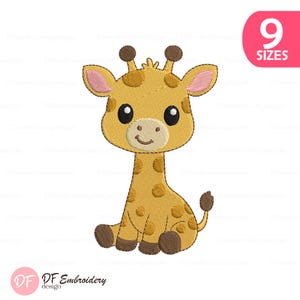 May include: A cartoon giraffe embroidery design in shades of yellow and brown, with a smiling face and large black eyes. The design includes the text "9 SIZES" in a pink box. The design is suitable for baby and children's items.
