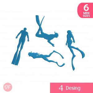 May include: Blue embroidered designs of divers in various poses, including one with flippers and a snorkel. The image includes the text "6 Mini Sizes" and "4 Desing". The designs are on a white background.