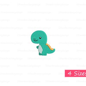 May include: A teal dinosaur embroidery design with a smiling face, white belly, and yellow accents on its back. The design is on a white background. The text "4 Sizes" is in a pink rectangle.