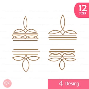 Pode incluir: Quatro elementos de design decorativos castanhos em várias disposições. A imagem inclui o texto "12 Tamanhos" num retângulo rosa e "4 Desing" num retângulo rosa.
