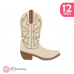 May include: A tan and brown cowboy boot design with decorative stitching. The image includes the text "12 Sizes" in a pink circle and the "DF Embroidery design" logo.