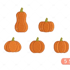 May include: Five embroidered designs of pumpkins and a butternut squash. The designs are in orange and green and are perfect for fall crafts.