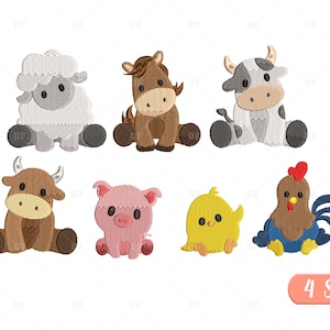 Mini Farm animals Embroidery Designs, sitting Farm animals Embroidery, Cow, Pig, Horse, Duck, Sheep, chicken embroidery, 7 Design, 4 Sizes