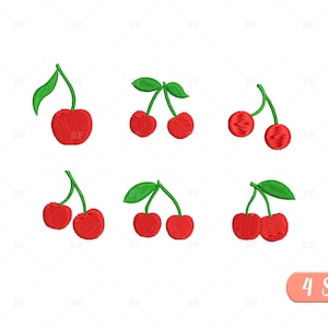 May include: Six embroidery designs of cherries in various sizes. The cherries are red with green stems and leaves. The designs are perfect for creating embroidered patches, appliques, or embellishments.
