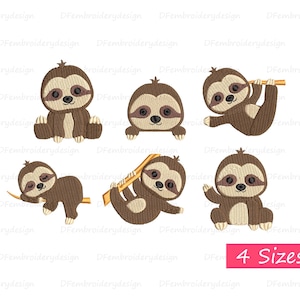May include: Six embroidery designs of sloths in various poses, including sleeping, hanging, and sitting. The sloths are brown with black eyes and noses. The designs are available in four sizes.