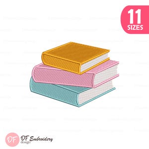 May include: An embroidered design of three stacked books in shades of gold, pink, and blue. The books have white pages and are labeled with "11 SIZES" in a pink box. The DF Embroidery design logo is in the bottom left corner.