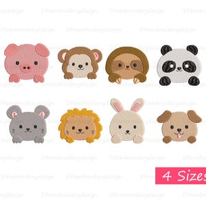 Puede incluir: Conjunto de 8 diseños de bordado de animales lindos. Los animales incluyen un cerdo, un mono, un perezoso, un panda, un ratón, un león, un conejo y un perro. Cada animal está en un estilo de dibujos animados con un diseño simple. Los diseños están disponibles en 4 tamaños.