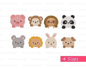 Puede incluir: Conjunto de 8 diseños de bordado de animales lindos. Los animales incluyen un cerdo, un mono, un perezoso, un panda, un ratón, un león, un conejo y un perro. Cada animal está en un estilo de dibujos animados con un diseño simple. Los diseños están disponibles en 4 tamaños.