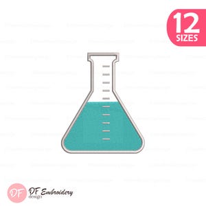 May include: An embroidery design of a laboratory Erlenmeyer flask with a teal liquid fill and silver outlines. The flask features horizontal measurement markings along the neck and body. A pink corner badge displays the text 12 SIZES.
