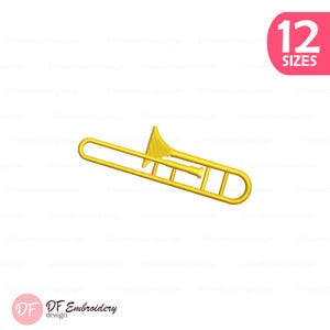 Op de afbeelding: Illustratie van een gouden trombone. Het instrument wordt in profiel weergegeven, met zijn schuif en beker duidelijk zichtbaar. Een roze cirkel rechtsboven toont "12 MATEN". Het logo "DF Embroidery design" staat linksonder.