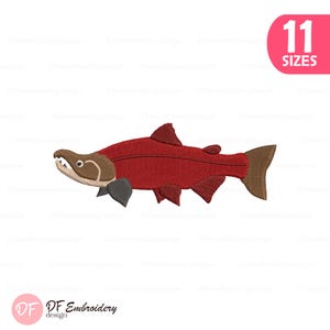 May include: An embroidery design of a salmon fish featuring a deep red body, a brown head, and dark gray fins. The tail is brown. A pink graphic in the top right corner displays the text 11 SIZES, and the bottom left shows DF Embroidery design.