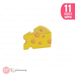 Könnte beinhalten: Ein Stickmuster in Form eines gelben Käsestücks mit strukturierter Oberfläche und mehreren kreisförmigen orangefarbenen Löchern. Die Grafik enthält einen rosa Reiter mit dem weißen Text 11 SIZES MINI und ein Logo mit dem Text DF Embroidery design.