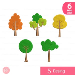 May include: A collection of six embroidered tree designs in various colors, including orange, green, and yellow. Each tree has a brown trunk and a textured appearance. The image includes the text "6 MINI SIZES" and "5 Desing".