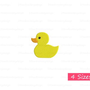 May include: A yellow rubber ducky with an orange beak and black eyes. The ducky is a simple design with no other details. It is a digital embroidery design available in four sizes.